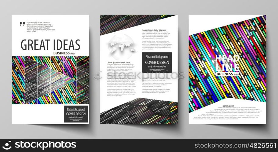 Business templates for brochure, magazine, flyer, booklet or annual report. Cover design template, easy editable vector, abstract flat layout in A4 size. Colorful background made of stripes. Abstract tubes and dots. Glowing multicolored texture.