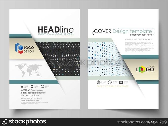 Business templates for brochure, magazine, flyer, booklet or annual report. Cover design template, easy editable vector, abstract flat layout in A4 size. Abstract soft color dots with illusion of depth and perspective, dotted technology background. Multicolored particles, modern pattern, elegant texture, vector design.