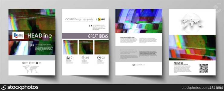 Business templates for brochure, magazine, flyer, booklet or annual report. Cover design template, easy editable vector, abstract flat layout in A4 size. Glitched background made of colorful pixel mosaic. Digital decay, signal error, television fail.