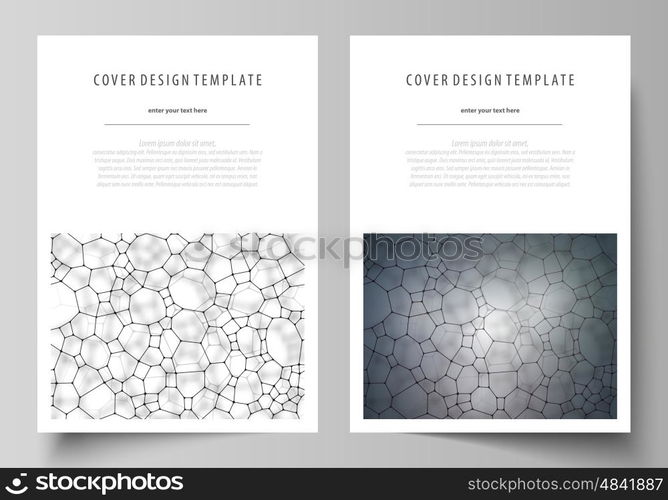 Business templates for brochure, magazine, flyer, booklet or annual report. Cover design template, easy editable vector, abstract flat layout in A4 size. Chemistry pattern, molecular texture, polygonal molecule structure, cell. Medicine, science, microbiology concept.