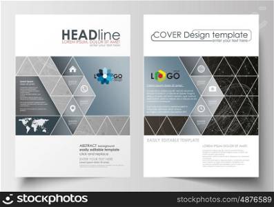 Business templates for brochure, magazine, flyer, booklet or annual report. Cover design template, easy editable blank, abstract flat layout in A4 size. Abstract 3D construction and polygonal molecules on gray background, scientific technology vector.