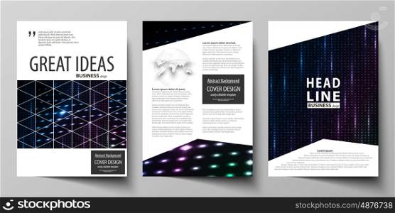 Business templates for brochure, magazine, flyer, booklet or annual report. Cover design template, easy editable vector, abstract flat layout in A4 size. Abstract colorful neon dots, dotted technology background. Glowing particles, led light pattern, futuristic texture, digital vector design.