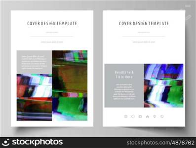 Business templates for brochure, magazine, flyer, booklet or annual report. Cover design template, easy editable vector, abstract flat layout in A4 size. Glitched background made of colorful pixel mosaic. Digital decay, signal error, television fail.