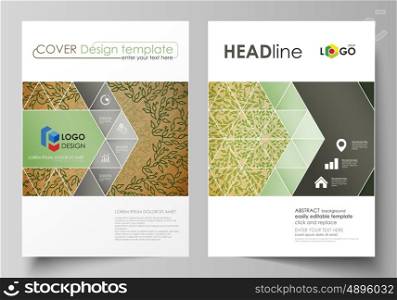 Business templates for brochure, magazine, flyer, booklet or annual report. Cover design template, easy editable vector, abstract flat layout in A4 size. Abstract green color wooden design.Texture with leaves. Spa concept natural pattern in linear style. Vector decoration for fashion, cosmetics, beauty industry.