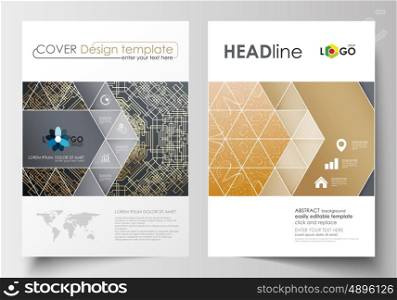 Business templates for brochure, magazine, flyer, booklet or annual report. Cover design template, easy editable blank, abstract flat layout in A4 size. Golden technology background, connection structure with connecting dots and lines, science vector.