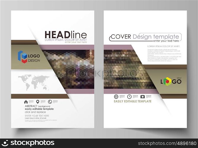 Business templates for brochure, magazine, flyer, booklet or annual report. Cover design template, easy editable vector, abstract flat layout in A4 size. Abstract backgrounds. Geometrical patterns. Triangular and hexagonal style.