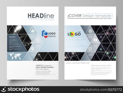 Business templates for brochure, magazine, flyer, booklet or annual report. Cover design template, vector abstract layout in A4 size. Sacred geometry, glowing geometrical ornament. Mystical background. Business templates for brochure, magazine, flyer, booklet or annual report. Cover design template, easy editable vector, abstract flat layout in A4 size. Sacred geometry, glowing geometrical ornament. Mystical background.