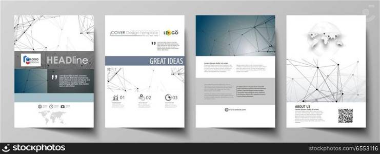 Business templates for brochure, magazine, flyer, booklet or annual report. Cover design template, easy editable vector, abstract flat layout in A4 size. DNA and neurons molecule structure. Medicine, science, technology concept. Scalable graphic.. Business templates for brochure, magazine, flyer, booklet. Cover design template, vector layout in A4 size. DNA and neurons molecule structure. Medicine, science, technology concept. Scalable graphic.