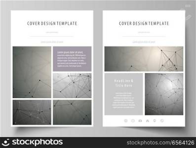 Business templates for brochure, magazine, flyer, booklet or annual report. Cover design template, easy editable vector, abstract flat layout in A4 size. Chemistry pattern, molecule structure on gray background. Science and technology concept.. Business templates for brochure, magazine, flyer, booklet. Cover design template, flat layout in A4 size. Chemistry pattern, molecule structure on gray background. Science and technology concept.