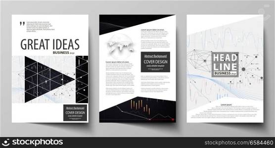 Business templates for brochure, magazine, flyer, booklet or annual report. Cover design template, easy editable vector, abstract flat layout in A4 size. Abstract infographic background in minimalist style made from lines, symbols, charts, diagrams and other elements.. Business templates for brochure, flyer, annual report. Cover design template, vector layout in A4 size. Abstract infographic background with lines, symbols, diagrams and other elements.