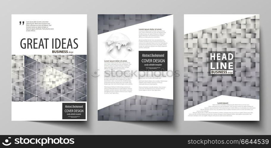 Business templates for brochure, magazine, flyer, booklet or annual report. Cover design template, easy editable vector, abstract flat layout in A4 size. Pattern made from squares, gray background in geometrical style. Simple texture.. Business templates for brochure, magazine, flyer, report. Cover design template, abstract vector layout in A4 size. Pattern made from squares, gray background in geometrical style. Simple texture.