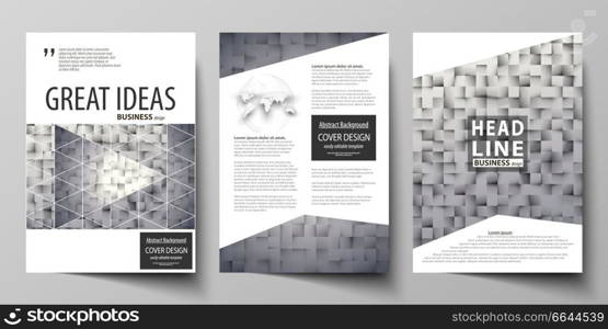 Business templates for brochure, magazine, flyer, booklet or annual report. Cover design template, easy editable vector, abstract flat layout in A4 size. Pattern made from squares, gray background in geometrical style. Simple texture.. Business templates for brochure, magazine, flyer, report. Cover design template, abstract vector layout in A4 size. Pattern made from squares, gray background in geometrical style. Simple texture.