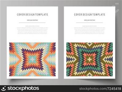 Business templates for brochure, magazine, flyer, booklet or annual report. Cover design template, easy editable vector, abstract flat layout in A4 size. Tribal pattern, geometrical ornament in ethno syle, ethnic hipster backdrop, vintage fashion background.. Business templates for brochure, flyer, booklet. Cover design template, abstract vector layout in A4 size. Tribal pattern, geometrical ornament, ethno syle, ethnic backdrop, vintage fashion background