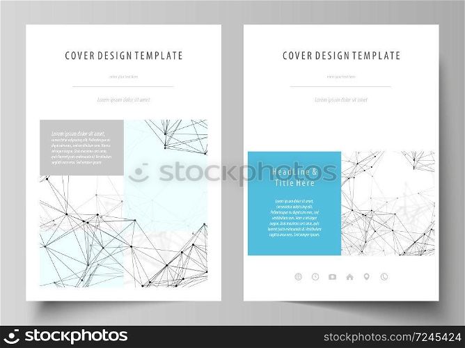 Business templates for brochure, magazine, flyer, booklet or annual report. Cover design template, easy editable vector, abstract flat layout in A4 size. Chemistry pattern, connecting lines and dots, molecule structure on white, geometric graphic background.. Business templates for brochure, flyer, booklet, report. Cover design template, vector layout in A4 size. Chemistry pattern, connecting lines and dots, molecule structure on white, graphic background.