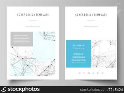 Business templates for brochure, magazine, flyer, booklet or annual report. Cover design template, easy editable vector, abstract flat layout in A4 size. Chemistry pattern, connecting lines and dots, molecule structure on white, geometric graphic background.. Business templates for brochure, flyer, booklet, report. Cover design template, vector layout in A4 size. Chemistry pattern, connecting lines and dots, molecule structure on white, graphic background.