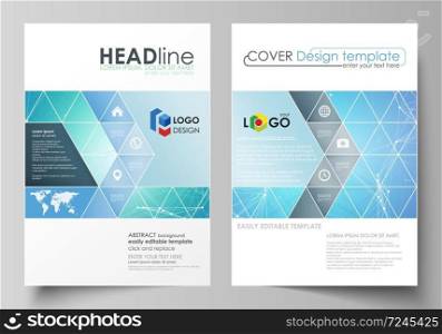 Business templates for brochure, magazine, flyer, booklet or annual report. Cover design template, easy editable vector, abstract flat layout in A4 size. Chemistry pattern, connecting lines and dots, molecule structure, medical DNA research. Medicine concept.. Business templates for brochure, magazine, flyer, booklet, report. Cover design template, vector layout in A4 size. Chemistry pattern, molecule structure, medical DNA research. Medicine concept.