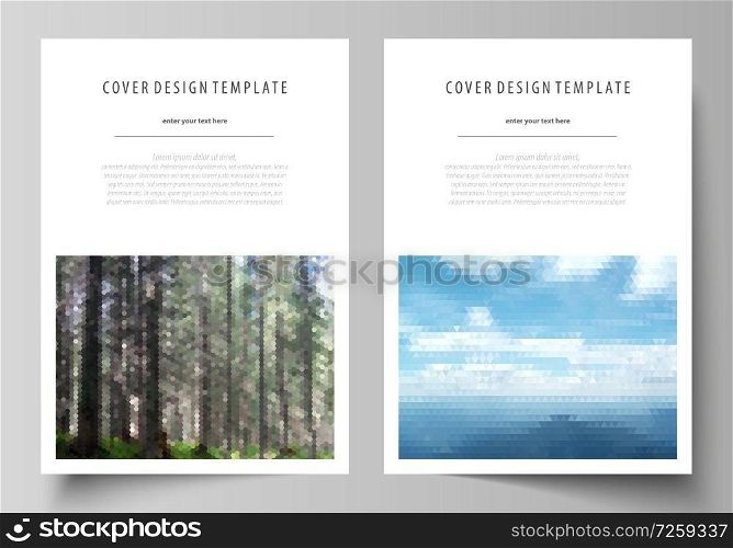 Business templates for brochure, magazine, flyer, booklet or annual report. Cover design template, easy editable vector, abstract flat layout in A4 size. Colorful background made of triangular or hexagonal texture for travel business, natural landscape in polygonal style.. Templates for brochure, magazine, flyer, booklet or annual report. Cover design template, abstract vector layout in A4 size. Colorful background, travel business, natural landscape in polygonal style.