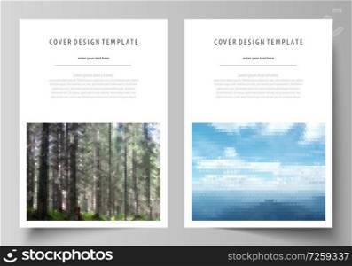 Business templates for brochure, magazine, flyer, booklet or annual report. Cover design template, easy editable vector, abstract flat layout in A4 size. Colorful background made of triangular or hexagonal texture for travel business, natural landscape in polygonal style.. Templates for brochure, magazine, flyer, booklet or annual report. Cover design template, abstract vector layout in A4 size. Colorful background, travel business, natural landscape in polygonal style.