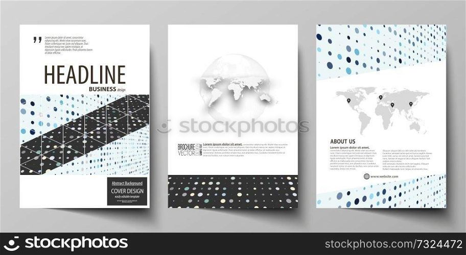 Business templates for brochure, magazine, flyer, booklet or annual report. Cover design template, easy editable vector, abstract flat layout in A4 size. Abstract soft color dots with illusion of depth and perspective, dotted technology background. Multicolored particles, modern pattern, elegant texture, vector design.. Business templates for brochure, flyer, booklet, report. Cover template, abstract layout in A4 size. Soft color dots with illusion of depth and perspective, dotted background. Elegant vector design.