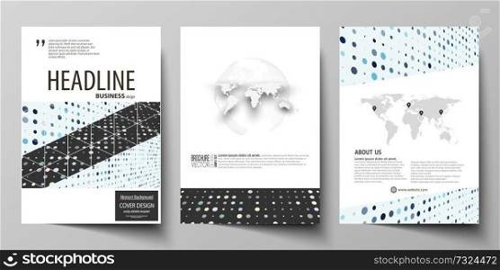 Business templates for brochure, magazine, flyer, booklet or annual report. Cover design template, easy editable vector, abstract flat layout in A4 size. Abstract soft color dots with illusion of depth and perspective, dotted technology background. Multicolored particles, modern pattern, elegant texture, vector design.. Business templates for brochure, flyer, booklet, report. Cover template, abstract layout in A4 size. Soft color dots with illusion of depth and perspective, dotted background. Elegant vector design.