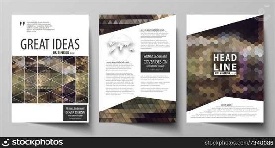 Business templates for brochure, magazine, flyer, booklet or annual report. Cover design template, easy editable vector, abstract flat layout in A4 size. Abstract backgrounds. Geometrical patterns. Triangular and hexagonal style.. Business templates for brochure, magazine, flyer, annual report. Cover design template, vector layout in A4 size. Abstract backgrounds. Geometrical patterns. Triangular and hexagonal style.