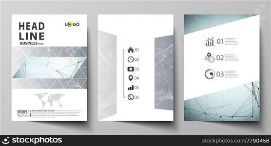 Business templates for brochure, magazine, flyer, booklet or annual report. Cover design template, easy editable vector, abstract flat layout in A4 size. Chemistry pattern, connecting lines and dots, molecule structure, scientific medical DNA research.. Business templates for brochure, magazine, flyer, booklet. Cover design template, vector layout in A4 size. Chemistry pattern, connecting lines and dots, molecule structure, medical DNA research.