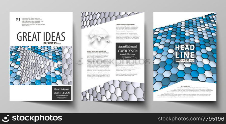 Business templates for brochure, magazine, flyer, booklet or annual report. Cover design template, easy editable vector, abstract flat layout in A4 size. Blue and gray color hexagons in perspective. Abstract polygonal style modern background.. Business templates for brochure, magazine, flyer, report. Cover design template, vector layout in A4 size. Blue and gray color hexagons in perspective. Abstract polygonal style background.