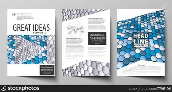 Business templates for brochure, magazine, flyer, booklet or annual report. Cover design template, easy editable vector, abstract flat layout in A4 size. Blue and gray color hexagons in perspective. Abstract polygonal style modern background.. Business templates for brochure, magazine, flyer, report. Cover design template, vector layout in A4 size. Blue and gray color hexagons in perspective. Abstract polygonal style background.