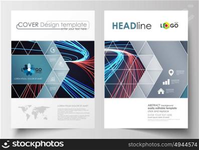 Business templates for brochure, magazine, flyer, booklet or report. Cover template, flat layout in A4 size. Abstract lines background with color glowing neon streams, motion design vector.. Business templates for brochure, magazine, flyer, booklet or annual report. Cover design template, easy editable blank, abstract flat layout in A4 size. Abstract lines background with color glowing neon streams, motion design vector.