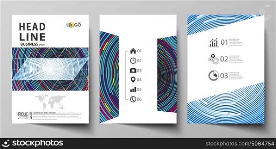 Business templates for brochure, magazine, flyer, booklet or report. Cover design template, abstract vector layout in A4 size. Blue color background in minimalist style made from colorful circles.. Business templates for brochure, magazine, flyer, booklet or annual report. Cover design template, easy editable vector, abstract flat layout in A4 size. Blue color background in minimalist style made from colorful circles.