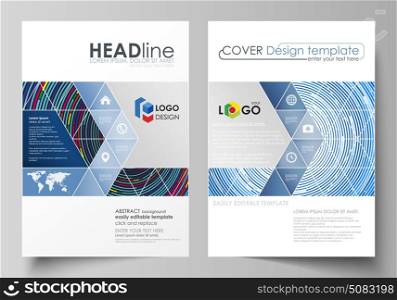 Business templates for brochure, magazine, flyer, booklet or report. Cover design template, abstract vector layout in A4 size. Blue color background in minimalist style made from colorful circles.. Business templates for brochure, magazine, flyer, booklet or annual report. Cover design template, easy editable vector, abstract flat layout in A4 size. Blue color background in minimalist style made from colorful circles.