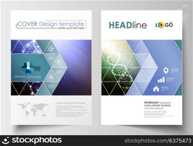 Business templates for brochure, magazine, flyer, booklet or report. Cover design template, flat layout in A4 size. DNA molecule structure, science background. Scientific research, medical technology.. Business templates for brochure, magazine, flyer, booklet or annual report. Cover design template, easy editable blank, abstract flat layout in A4 size. DNA molecule structure, science background. Scientific research, medical technology.