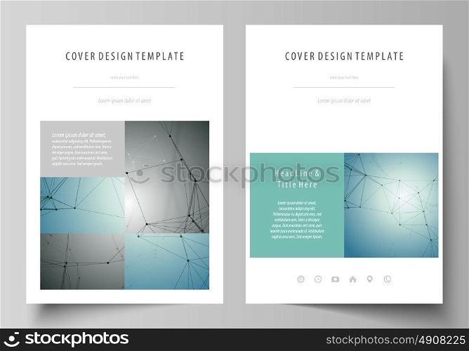 Business templates for brochure, magazine, flyer, booklet, report. Cover design template, vector layout in A4 size. Geometric background. Molecular structure. Scientific, medical, technology concept.. Business templates for brochure, magazine, flyer, booklet or annual report. Cover design template, easy editable vector, abstract flat layout in A4 size. Geometric background, connected line and dots. Molecular structure. Scientific, medical, technology concept.