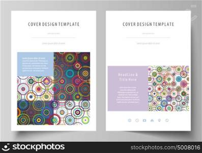 Business templates for brochure, magazine, flyer, booklet, report. Cover design template, abstract vector layout in A4 size. Bright color background in minimalist style made from colorful circles.. Business templates for brochure, magazine, flyer, booklet or annual report. Cover design template, easy editable vector, abstract flat layout in A4 size. Bright color background in minimalist style made from colorful circles.