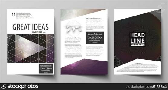 Business templates for brochure, magazine, flyer, booklet, report. Cover design template, vector layout in A4 size. Dark color triangles and colorful circles. Abstract polygonal style background.. Business templates for brochure, magazine, flyer, booklet or annual report. Cover design template, easy editable vector, abstract flat layout in A4 size. Dark color triangles and colorful circles. Abstract polygonal style modern background.