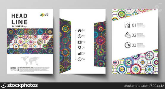 Business templates for brochure, magazine, flyer, booklet, report. Cover design template, abstract vector layout in A4 size. Bright color background in minimalist style made from colorful circles.. Business templates for brochure, magazine, flyer, booklet or annual report. Cover design template, easy editable vector, abstract flat layout in A4 size. Bright color background in minimalist style made from colorful circles.