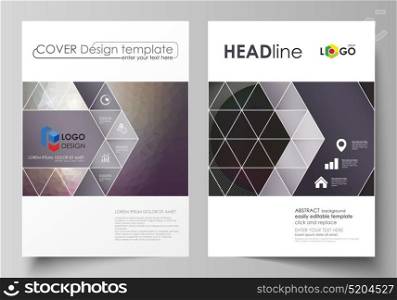 Business templates for brochure, magazine, flyer, booklet, report. Cover design template, vector layout in A4 size. Dark color triangles and colorful circles. Abstract polygonal style background.. Business templates for brochure, magazine, flyer, booklet or annual report. Cover design template, easy editable vector, abstract flat layout in A4 size. Dark color triangles and colorful circles. Abstract polygonal style modern background.