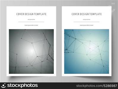 Business templates for brochure, magazine, flyer, booklet, report. Cover design template, vector layout in A4 size. Geometric background. Molecular structure. Scientific, medical, technology concept.. Business templates for brochure, magazine, flyer, booklet, report. Cover design template, vector layout in A4 size. Geometric background. Molecular structure. Scientific medical technology concept