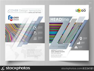 Business templates for brochure, magazine, flyer, booklet, report. Cover design template, abstract vector layout in A4 size. Bright color lines, colorful style, geometric shapes, minimalist background. Business templates for brochure, magazine, flyer, booklet or annual report. Cover design template, easy editable vector, abstract flat layout in A4 size. Bright color lines, colorful style with geometric shapes forming beautiful minimalist background.