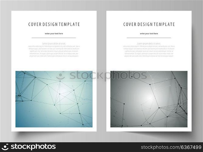 Business templates for brochure, magazine, flyer, booklet, report. Cover design template, vector layout in A4 size. Geometric background. Molecular structure. Scientific, medical, technology concept.. Business templates for brochure, magazine, flyer, booklet or annual report. Cover design template, easy editable vector, abstract flat layout in A4 size. Geometric background, connected line and dots. Molecular structure. Scientific, medical, technology concept.