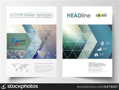 Business templates for brochure, magazine, flyer, booklet, report. Cover design template, vector layout, A4. Chemistry pattern, hexagonal molecule structure. Medicine, science, technology concept.. Business templates for brochure, magazine, flyer, booklet or annual report. Cover design template, easy editable vector, abstract flat layout in A4 size. Chemistry pattern, hexagonal molecule structure. Medicine, science, technology concept.