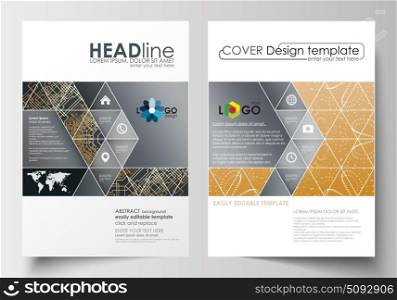 Business templates for brochure, magazine, flyer. Cover design template, abstract flat layout in A4 size. Golden technology background, connection structure, connecting dots and lines, science vector.. Business templates for brochure, magazine, flyer, booklet or annual report. Cover design template, easy editable blank, abstract flat layout in A4 size. Golden technology background, connection structure with connecting dots and lines, science vector.
