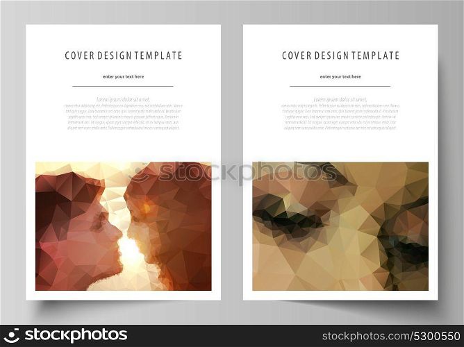Business templates for brochure, magazine, flyer. Cover design template, abstract vector layout in A4 size. Romantic couple kissing. Beautiful background. Geometrical pattern in triangular style.. Business templates for brochure, magazine, flyer. Cover design template, abstract vector layout in A4 size. Romantic couple kissing. Beautiful background. Geometrical pattern in triangular style