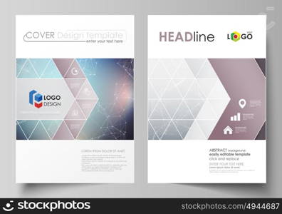 Business templates for brochure, magazine, flyer. Cover design template, vector layout in A4 size. Compounds lines and dots. Big data visualization in minimal style. Graphic communication background.. Business templates for brochure, magazine, flyer, booklet or annual report. Cover design template, easy editable vector, abstract flat layout in A4 size. Compounds lines and dots. Big data visualization in minimal style. Graphic communication background.