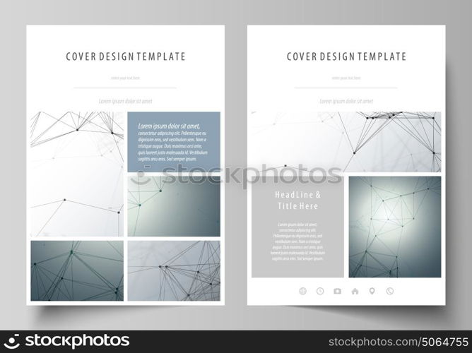 Business templates for brochure, magazine, flyer. Cover design template, vector layout in A4 size. Genetic and chemical compounds. DNA and neurons. Science technology concept. Geometric background.. Business templates for brochure, magazine, flyer, booklet or annual report. Cover design template, easy editable vector, abstract flat layout in A4 size. Genetic and chemical compounds. Atom, DNA and neurons. Medicine, chemistry, science or technology concept. Geometric background.