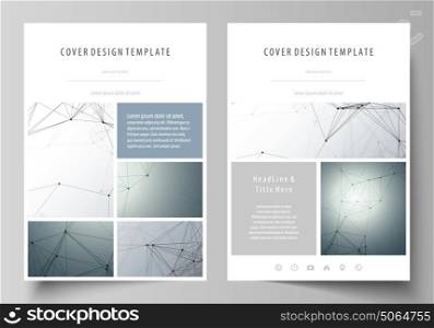 Business templates for brochure, magazine, flyer. Cover design template, vector layout in A4 size. Genetic and chemical compounds. DNA and neurons. Science technology concept. Geometric background.. Business templates for brochure, magazine, flyer, booklet or annual report. Cover design template, easy editable vector, abstract flat layout in A4 size. Genetic and chemical compounds. Atom, DNA and neurons. Medicine, chemistry, science or technology concept. Geometric background.