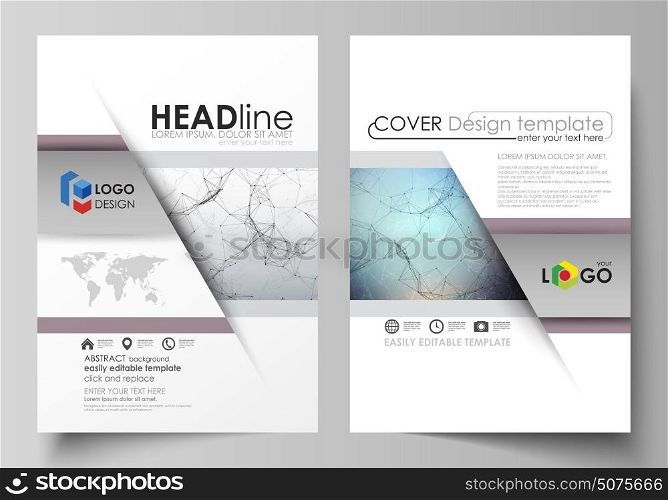 Business templates for brochure, magazine, flyer. Cover design template, vector layout in A4 size. Compounds lines and dots. Big data visualization in minimal style. Graphic communication background.. Business templates for brochure, magazine, flyer, booklet or annual report. Cover design template, easy editable vector, abstract flat layout in A4 size. Compounds lines and dots. Big data visualization in minimal style. Graphic communication background.