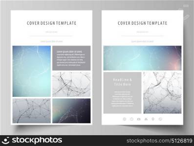 Business templates for brochure, magazine, flyer. Cover design template, vector layout in A4 size. Compounds lines and dots. Big data visualization in minimal style. Graphic communication background.. Business templates for brochure, magazine, flyer, booklet or annual report. Cover design template, easy editable vector, abstract flat layout in A4 size. Compounds lines and dots. Big data visualization in minimal style. Graphic communication background.