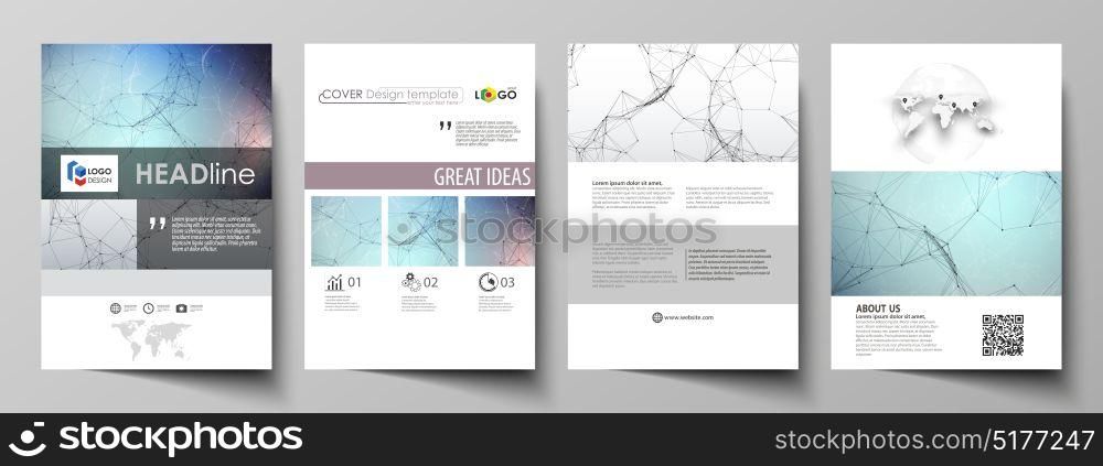 Business templates for brochure, magazine, flyer. Cover design template, vector layout in A4 size. Compounds lines and dots. Big data visualization in minimal style. Graphic communication background.. Business templates for brochure, magazine, flyer. Cover design template, vector layout in A4 size. Compounds lines and dots. Big data visualization in minimal style. Graphic communication background