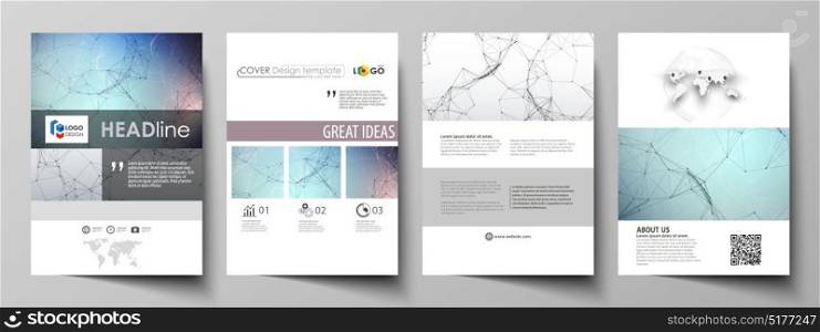Business templates for brochure, magazine, flyer. Cover design template, vector layout in A4 size. Compounds lines and dots. Big data visualization in minimal style. Graphic communication background.. Business templates for brochure, magazine, flyer. Cover design template, vector layout in A4 size. Compounds lines and dots. Big data visualization in minimal style. Graphic communication background